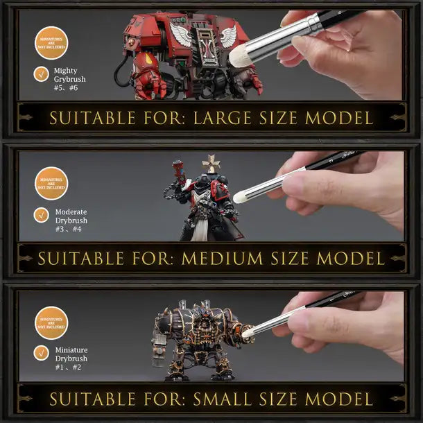 Premium Drybrush Set Golden Maple – infografika zastosowania: pędzle #5/#6 do dużych modeli (Mighty Drybrush), #3/#4 do modeli średnich (Moderate Drybrush), #1/#2 do małych figurek (Miniature Drybrush), przykłady użycia na figurkach Warhammer Space Marines i mechach
