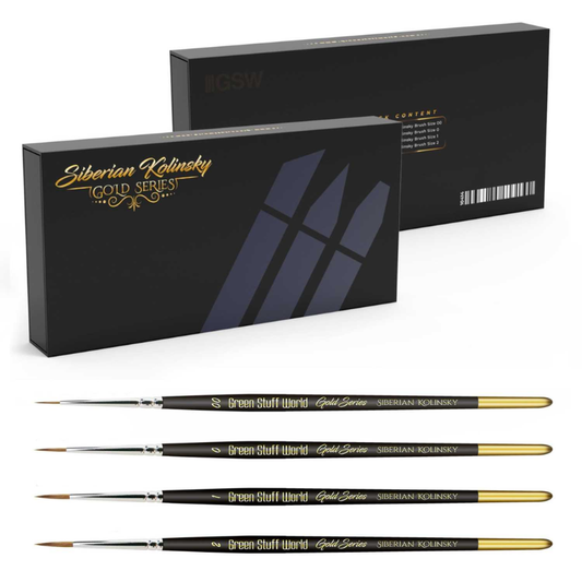 Green Stuff World Gold Series Siberian Kolinsky – dwa czarne etui premium i 4 pędzle: Size 00, 0, 1, 2, czarne uchwyty ze złotym napisem Gold Series Siberian Kolinsky, białe tło
