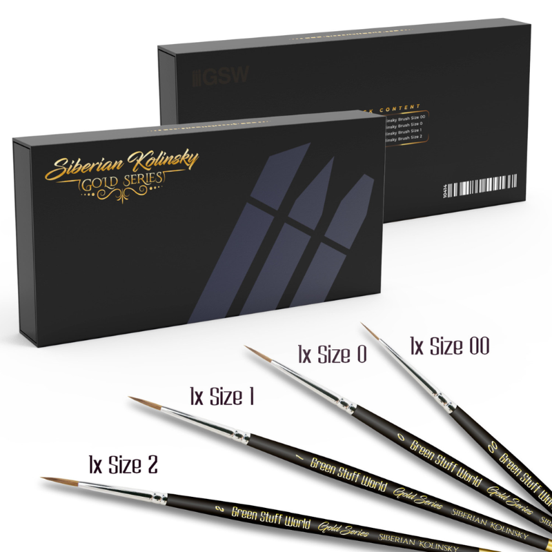 Green Stuff World Gold Series Siberian Kolinsky – czarne etui premium z napisem Siberian Kolinsky Gold Series, 4 pędzle obok: 1x Size 00, 1x Size 0, 1x Size 1, 1x Size 2, białe tło