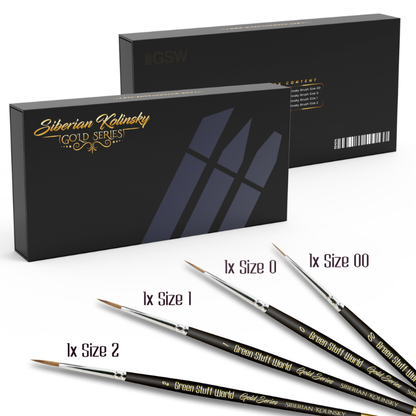 Green Stuff World Gold Series Siberian Kolinsky – czarne etui premium z napisem Siberian Kolinsky Gold Series, 4 pędzle obok: 1x Size 00, 1x Size 0, 1x Size 1, 1x Size 2, białe tło