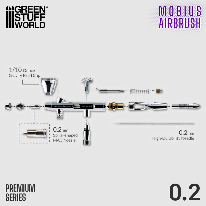 Gaahleri Mobius Airbrush 0.2mm – aerograf w czarnym pudełku premium z gąbkową wkładką, napis Premium Series 0.2mm Dual-action Airbrush, widok z góry