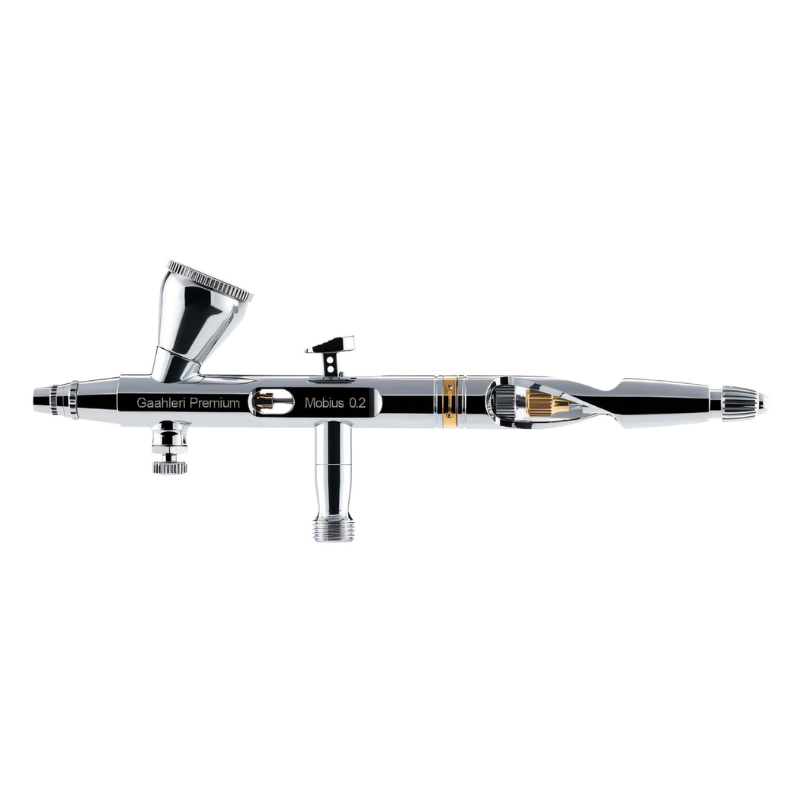 Gaahleri Premium Mobius 0.2mm – czarne pudełko premium z napisem Mobius Airbrush 0.2mm Dual-action i aerografem przed nim, widok z przodu na białym tle