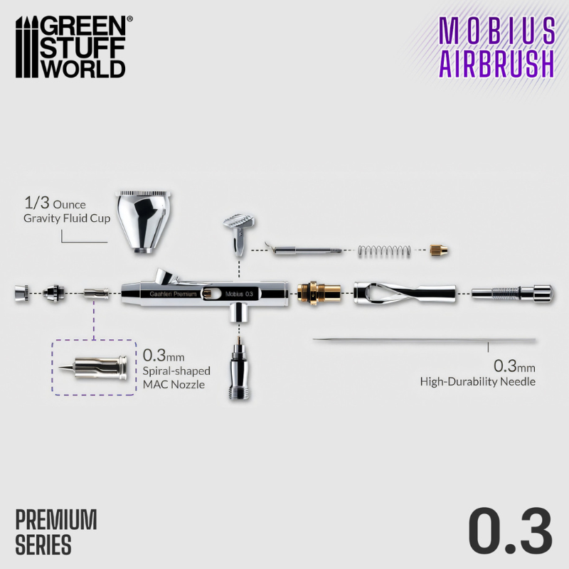 Gaahleri Mobius Airbrush 0.3mm – aerograf w czarnym pudełku premium z gąbkową wkładką, obok dodatkowa dysza, napis Premium Series 0.3mm Dual-action Airbrush