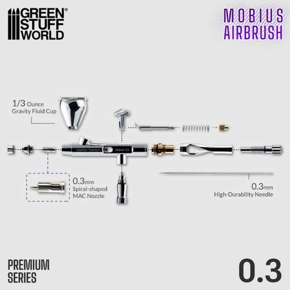 Gaahleri Mobius Airbrush 0.3mm – aerograf w czarnym pudełku premium z gąbkową wkładką, obok dodatkowa dysza, napis Premium Series 0.3mm Dual-action Airbrush