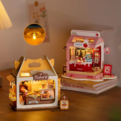 Piekarnia Teddy's Breadbox Rolife DS033 – dziecko składające miniaturowy domek przy stole, widok z góry na etap montażu