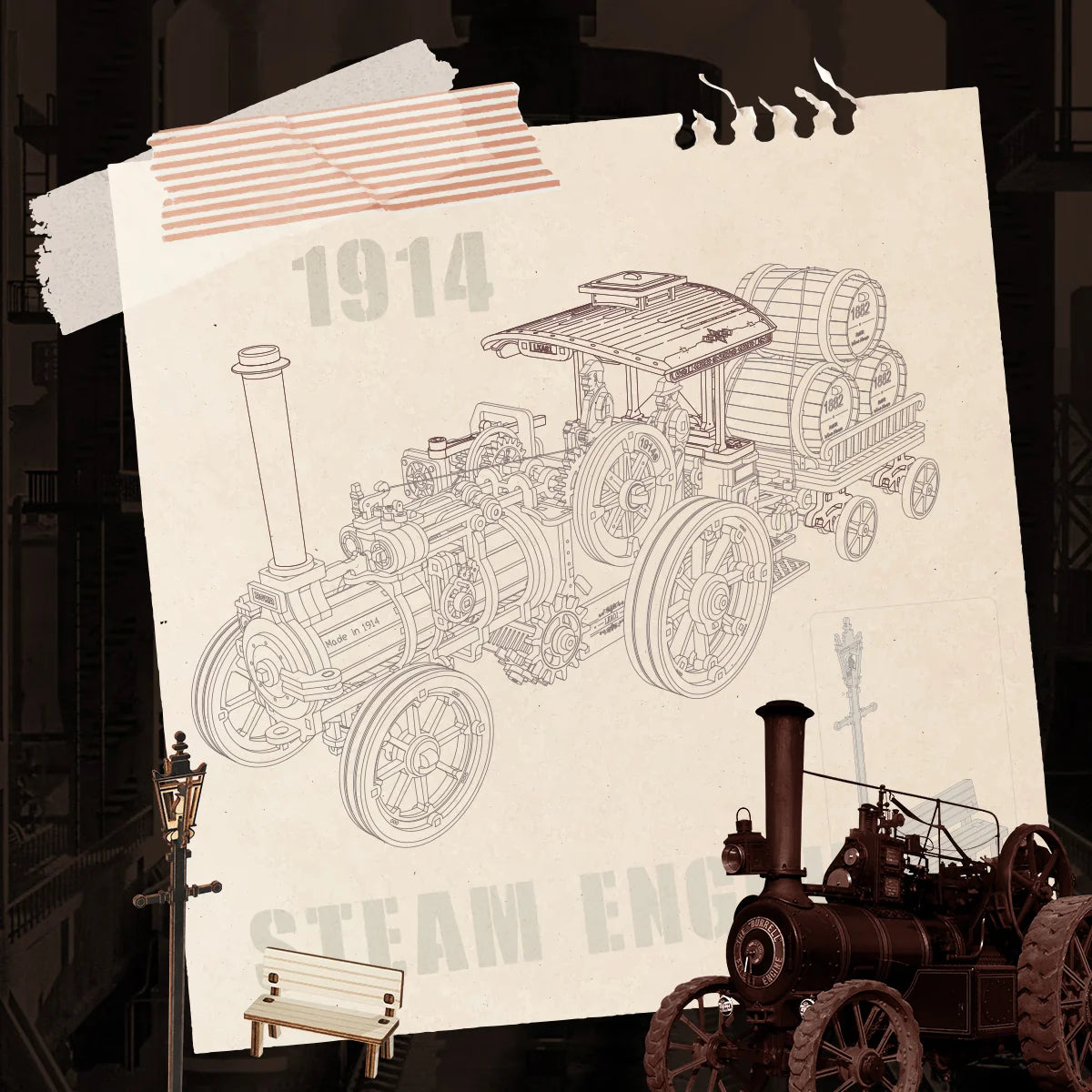 Parowy Traktor ROKR LKA01 – gotowy model na białym tle z wymiarami: 36 x 12 x 14,6 cm, widok z boku z przyczepą