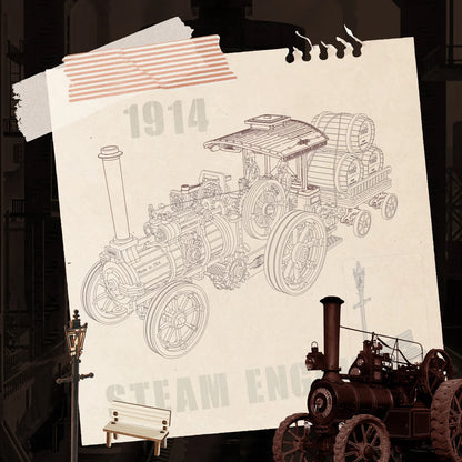 Parowy Traktor ROKR LKA01 – gotowy model na białym tle z wymiarami: 36 x 12 x 14,6 cm, widok z boku z przyczepą