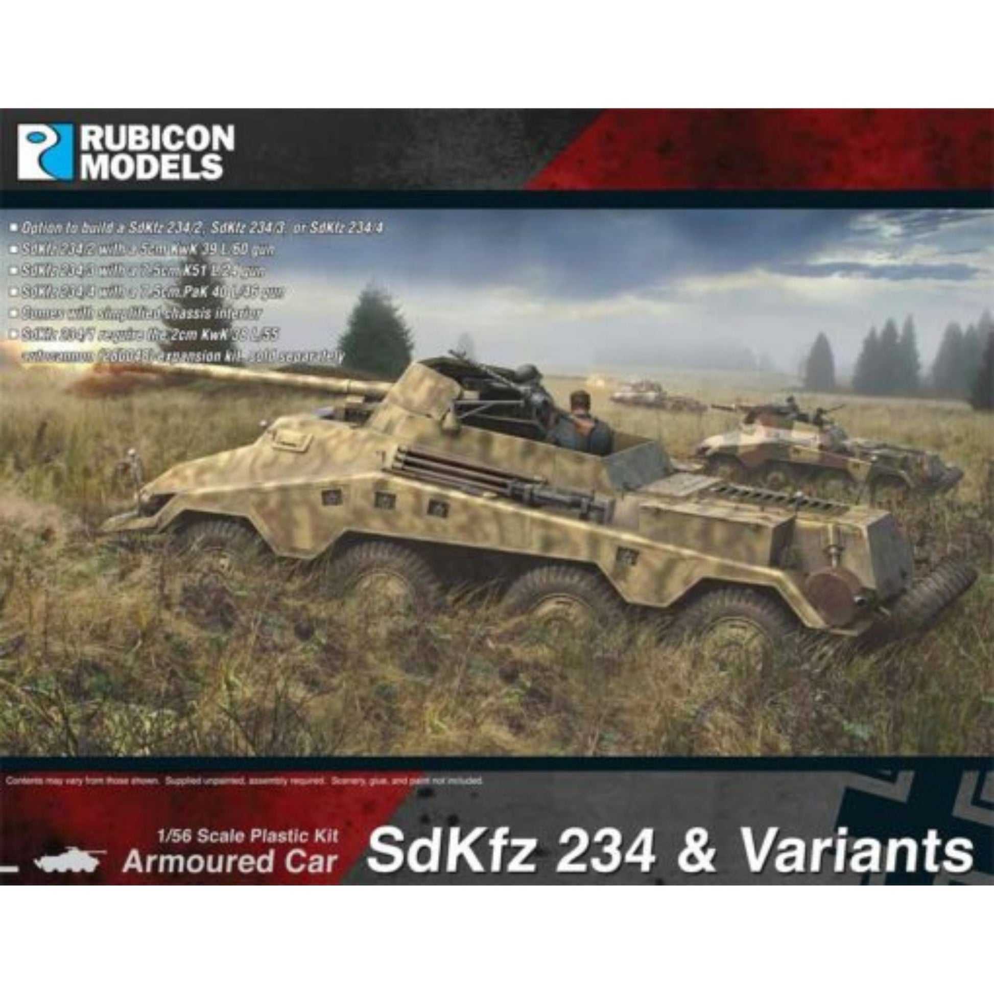 Rubicon Models 280138 SdKfz 234 & Variants – zmontowany i pomalowany model plastikowy 1/56 28mm: niemiecki 8-kołowy samochód pancerny w kamuflażu piaskowym z zielonymi i brązowymi plamami, armata 7,5cm PaK 40 na otwartej wieży, dowódca w otworze, jedzie przez łąkę, drugi egzemplarz w tle, pudełko Rubicon Models SdKfz 234 & Variants Bolt Action 28mm
