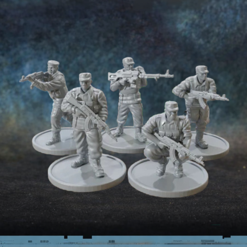 African Militants AK Squad Patrick Miniatures TurnBase Miniatures – 5 figurek bojowników afrykańskich z AK i LMG w mundurach polowych, druk 3D żywica 28mm widok z przodu
