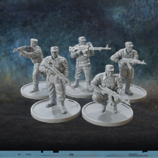 African Militants AK Squad Patrick Miniatures TurnBase Miniatures – 5 figurek bojowników afrykańskich z AK i LMG w mundurach polowych, druk 3D żywica 28mm widok z przodu
