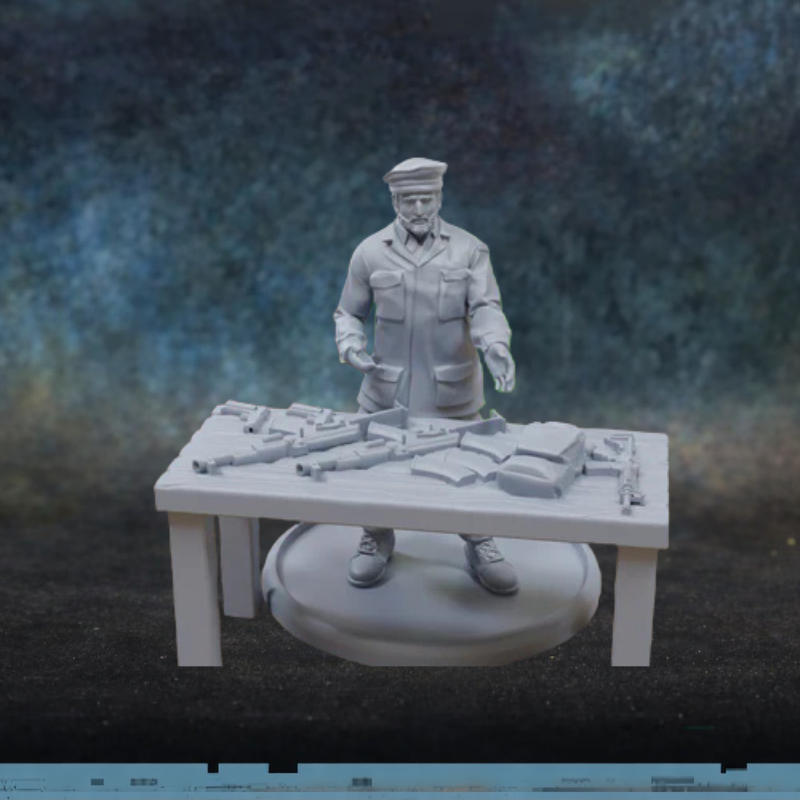 Middle East Arms Dealer – figurka handlarza bronią ze stołem pełnym broni w skali 28mm, żywica, druk 3D, Patrick Miniatures

