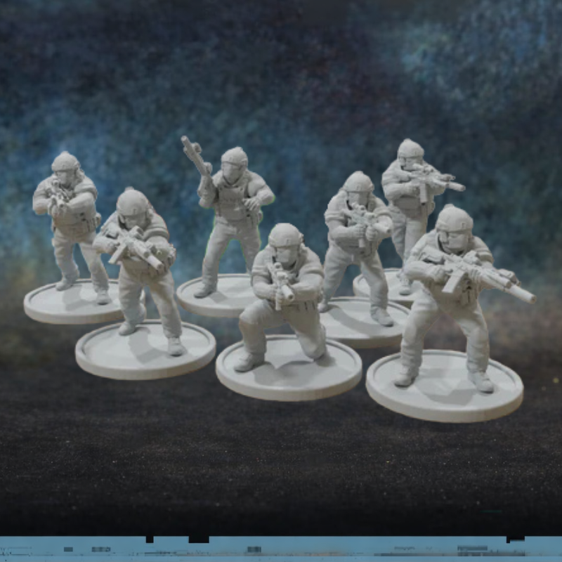 High Risk Contractors Patrick Miniatures TurnBase Miniatures – 7 figurek kontraktorów w pełnym rynsztunku taktycznym z karabinkami i maskami, druk 3D żywica 28mm widok z przodu

