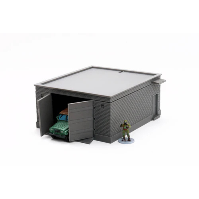 Workshop Garage z UAZ-em i figurką żołnierza, otwarte dwuskrzydłowe drzwi, teren 28mm Patrick Miniatures
