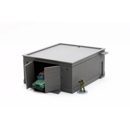 Workshop Garage z UAZ-em i figurką żołnierza, otwarte dwuskrzydłowe drzwi, teren 28mm Patrick Miniatures
