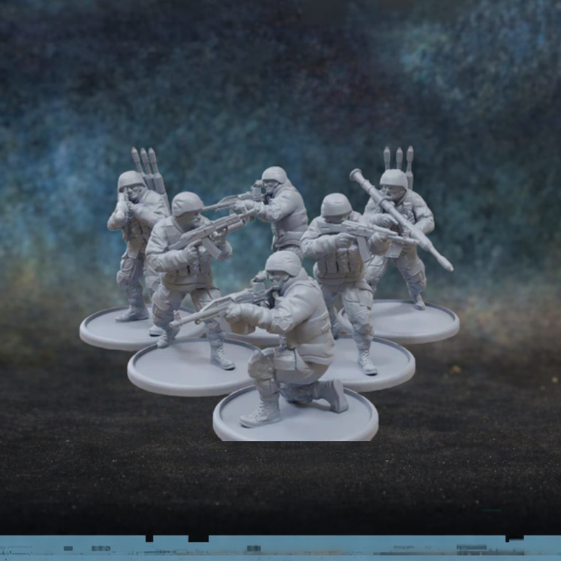 Modern Russian Infantry Squad TurnBase Miniatures Patrick Miniatures – 6 figurek nowoczesnej rosyjskiej piechoty z AK, RPG i wyrzutnikiem MANPADS w zimowych kombinezonach, druk 3D żywica 28mm widok z przodu
