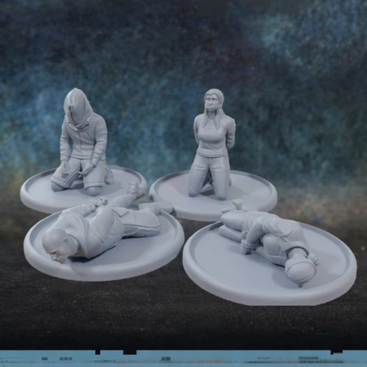 Civilian Hostages – 4 figurki cywilnych zakładników klęczących i leżących w skali 28mm, żywica, druk 3D, Patrick Miniatures
