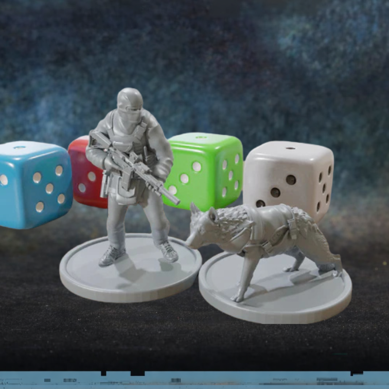 Nairobi SAS Operator with Dog – figurka operatora SAS z karabinkiem i dwoma wariantami psa bojowego w skali 28mm, żywica, druk 3D, Patrick Miniatures
