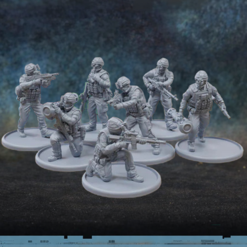 Modern British Army Spec Patrick Miniatures TurnBase Miniatures – 7 figurek brytyjskich żołnierzy w kamuflażu MTP z SA80, wyrzutnikiem i karabinem maszynowym, druk 3D żywica 28mm widok z przodu

