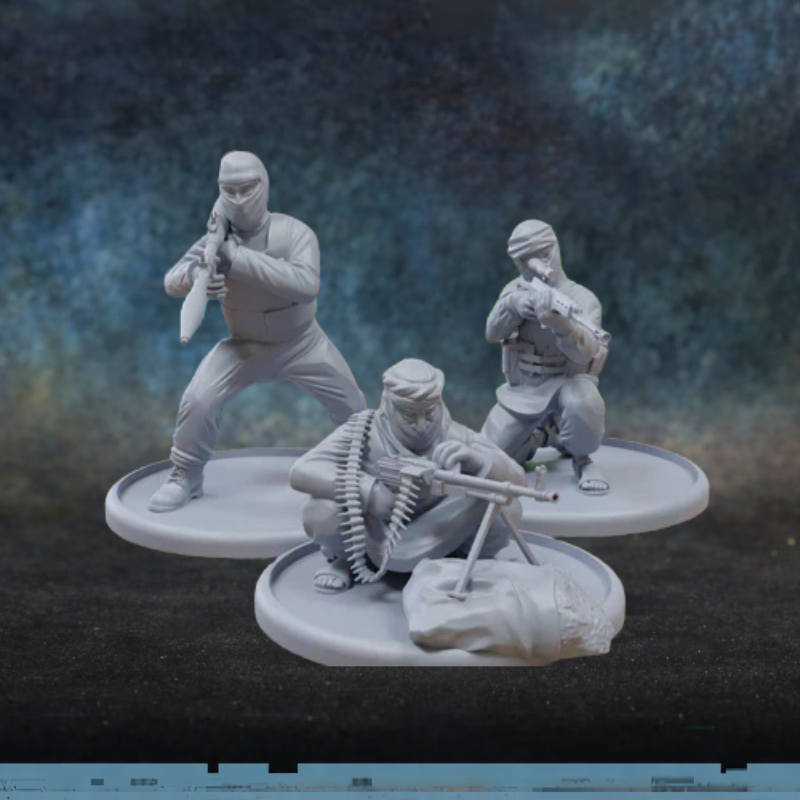 Rebels Bravo WS – 3 figurki rebeliantów z LMG, RPG i karabinkiem w skali 28mm, żywica, druk 3D, Patrick Miniatures
