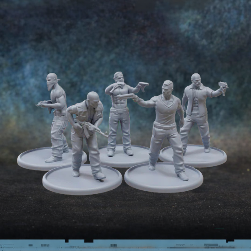 Street Gangsters Patrick Miniatures TurnBase Miniatures – 5 figurek gangsterów w cywilnych ubraniach z pistoletami i karabinkiem, druk 3D żywica 28mm widok z przodu
