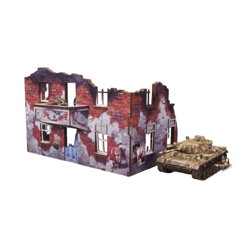 Ostfront Stalingrad Apartment Block Back – ruiny kamienicy z żołnierzami i czołgiem, skala 28mm, Bolt Action Micro Art Studio
