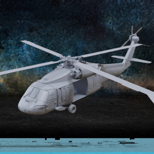 UH-60A Black Hawk – render 3D na tle lasu nocnego, model 28mm Patrick Miniatures
