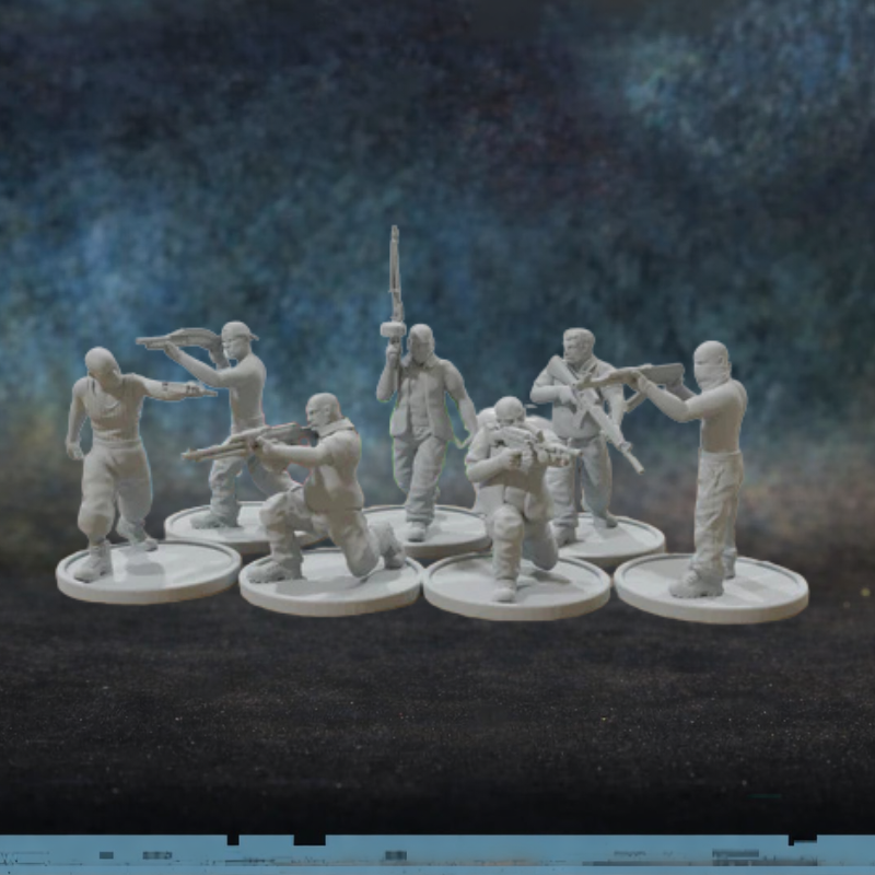 Cartel Gang Patrick Miniatures TurnBase Miniatures – 7 figurek gangsterów kartelu w cywilnych ubraniach z AK, strzelby, pistoletu i maczety, druk 3D żywica 28mm/32mm widok z przodu
