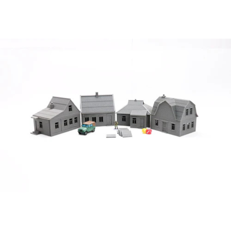 Ukrainian Village Set – 4 budynki wiejskie z figurką i pojazdem, teren 28mm Patrick Miniatures
