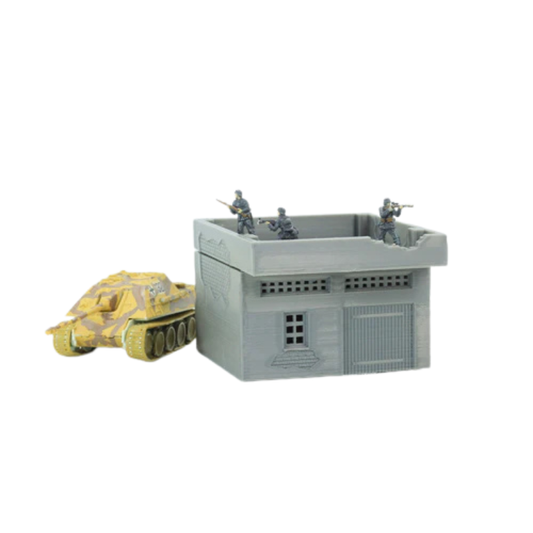 Arab Urban Building Workshop z czołgiem Jagdpanther i figurkami na dachu, teren 28mm Patrick Miniatures

