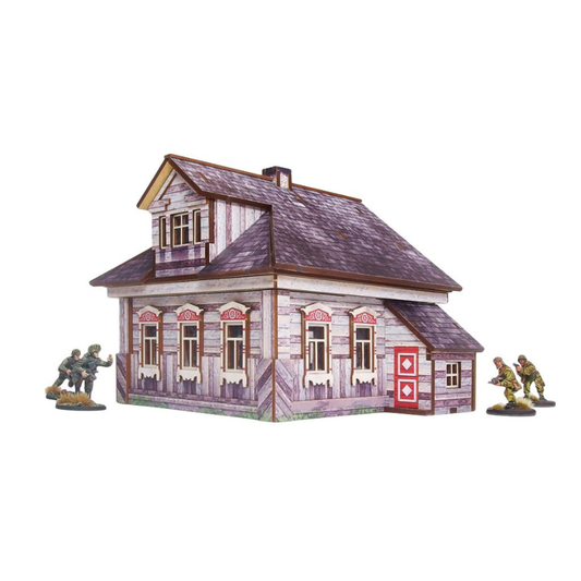 Ostfront Village Whitewashed Dacha – widok izometryczny na narożnik z czterema oknami i lukarnę, żołnierze po bokach, 28mm Bolt Action
