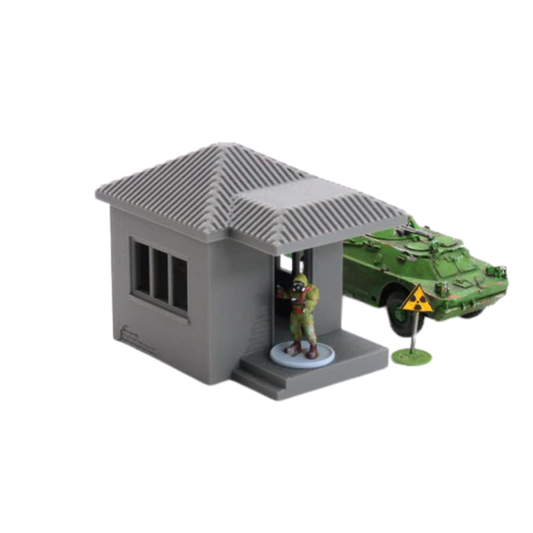 Guard Hut z BTR-em i figurką żołnierza w masce gazowej, znak radioaktywności, teren 28mm Patrick Miniatures
