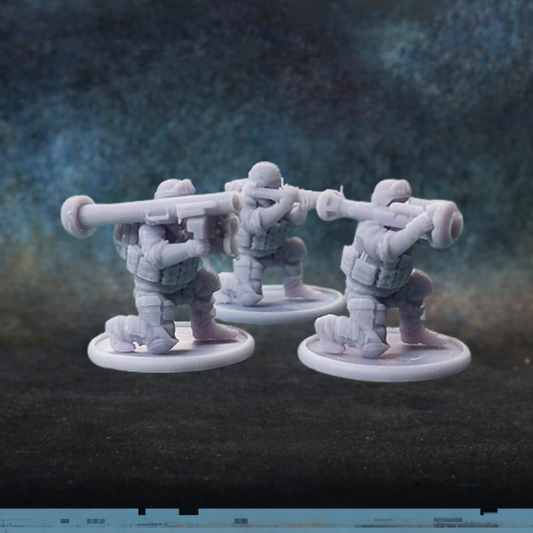 AT-Team – 3 figurki żołnierzy z przenośnymi wyrzutnikami przeciwpancernymi w skali 28mm, żywica, druk 3D, Patrick Miniatures
