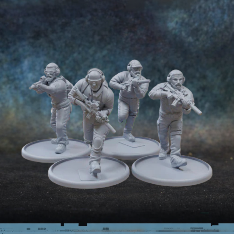 PMC Alpha – 4 figurki najemników PMC w pełnym rynsztunku taktycznym z karabinkami w skali 28mm, żywica, druk 3D, Patrick Miniatures
