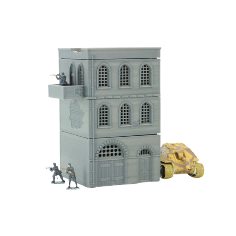 Urban Building Corner House z figurkami i czołgiem pustynnym, 3 kondygnacje z balkonami, teren 28mm Patrick Miniatures
