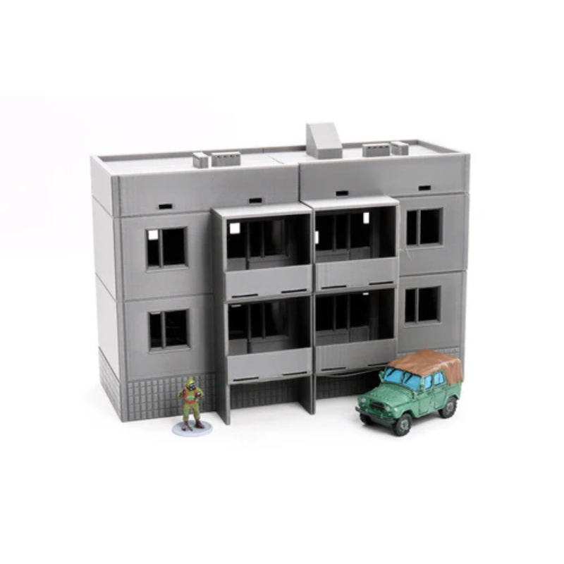 Apartments Block Type 2 z figurką i pojazdem UAZ, 3 kondygnacje, teren 28mm Patrick Miniatures
