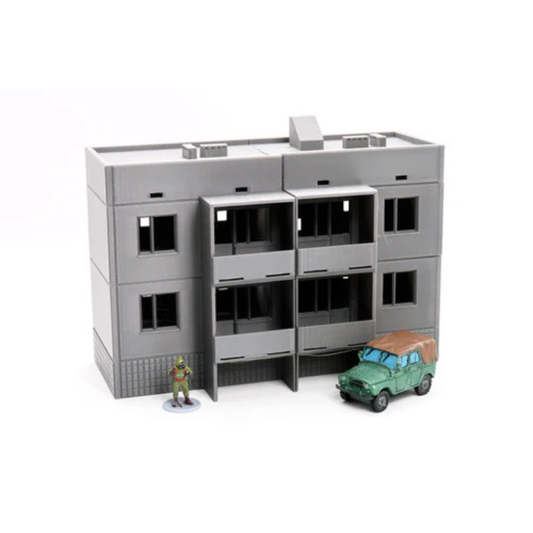 Apartments Block Type 2 z figurką i pojazdem UAZ, 3 kondygnacje, teren 28mm Patrick Miniatures
