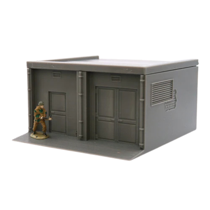 Power Substation pomalowana z figurką żołnierza przy bramie, teren 28mm Patrick Miniatures
