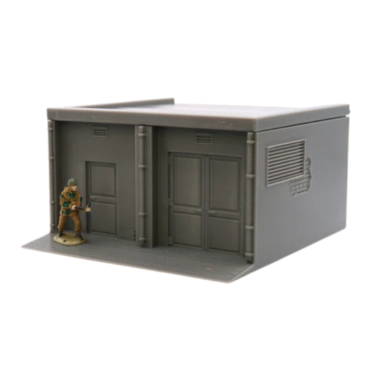 Power Substation pomalowana z figurką żołnierza przy bramie, teren 28mm Patrick Miniatures
