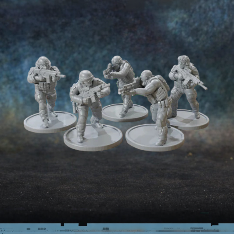 US Special Forces Patrick Miniatures TurnBase Miniatures – 5 figurek operatorów US Special Forces w pełnym rynsztunku taktycznym z karabinkami M4 i optyka, druk 3D żywica 28mm widok z przodu
