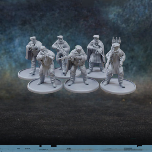Tora Bora Delta Force Patrick Miniatures TurnBase Miniatures – 6 figurek operatorów Delta Force w cywilnych ubraniach i afgańskich nakryciach głowy z karabinkami i snajperką, druk 3D żywica 28mm widok z przodu

