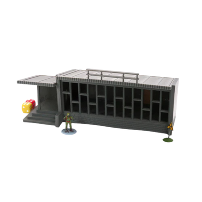 Large Store pomalowany z figurką żołnierza i kością, widok z przodu, teren 28mm Patrick Miniatures
