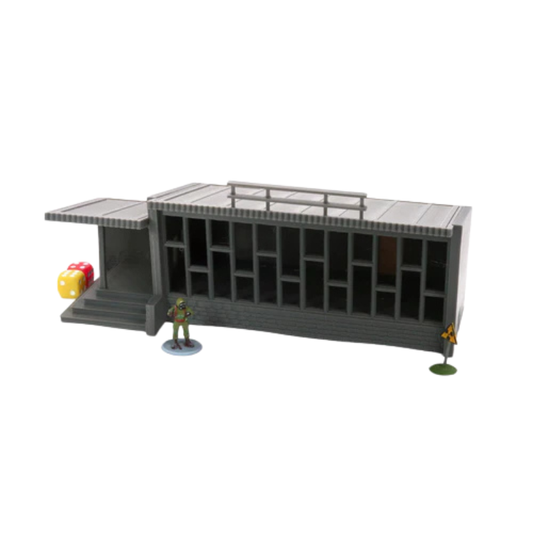 Large Store pomalowany z figurką żołnierza i kością, widok z przodu, teren 28mm Patrick Miniatures
