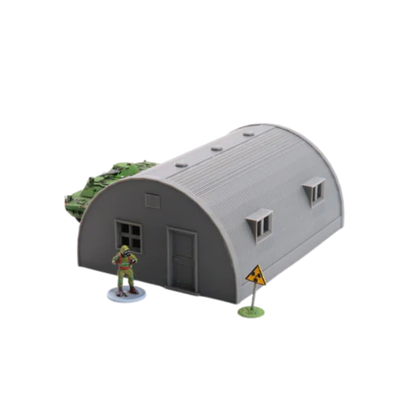 Quonset Hut Barrack z BTR-em i figurką żołnierza, znak radioaktywności, teren 28mm Patrick Miniatures
