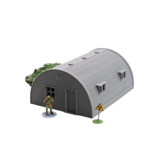 Quonset Hut Barrack z BTR-em i figurką żołnierza, znak radioaktywności, teren 28mm Patrick Miniatures
