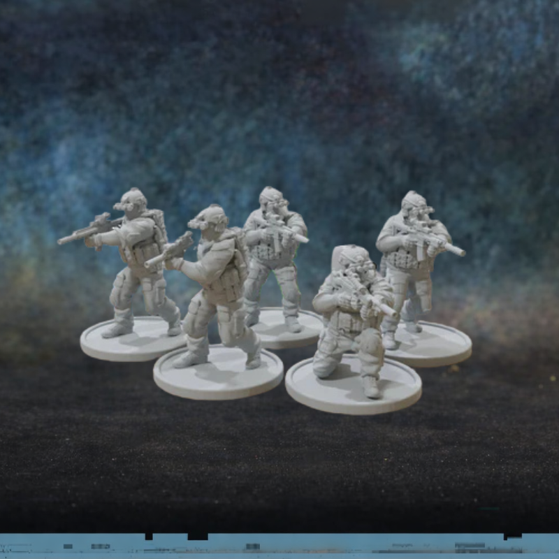 US Navy SEALs Element TurnBase Miniatures Patrick Miniatures – 5 figurek operatorów SEAL Team 6 z noktowizorami NVG i karabinkami, druk 3D żywica 28mm/32mm widok z przodu
