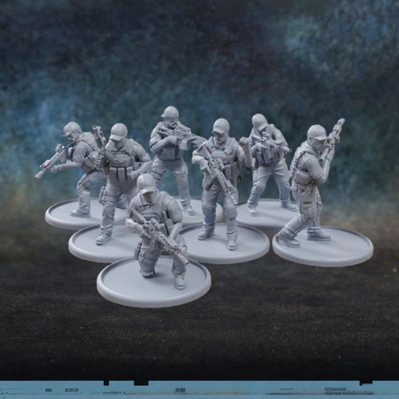 PMC Operators Bad Roll Games Patrick Miniatures – 7 figurek prywatnych kontraktorów wojskowych w cywilno-taktycznym rynsztunku z karabinkami i granatnikiem, druk 3D żywica 28mm widok z przodu
