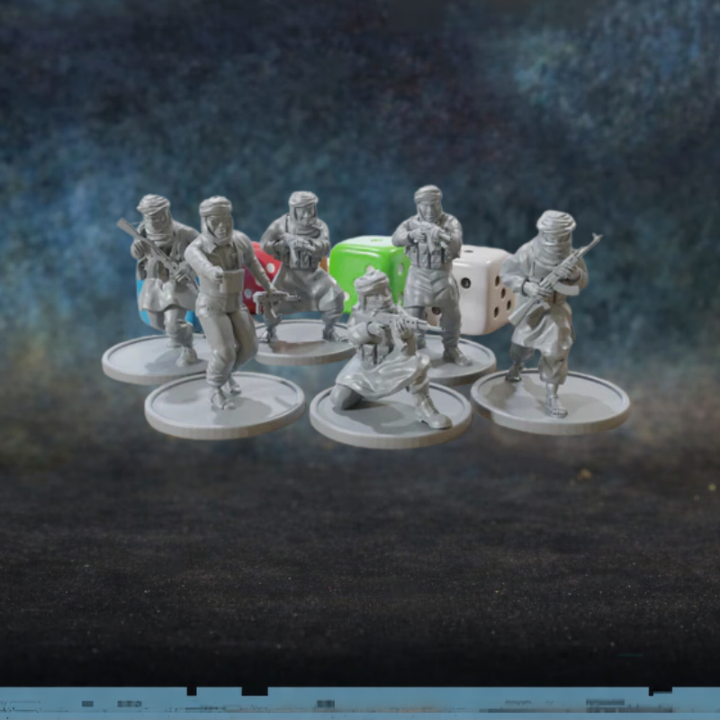 Arab AK Squad Miska Miniatures – 6 figurek arabskich bojowników w tradycyjnych strojach z karabinkami AK i LMG, druk 3D żywica 28mm widok z przodu
