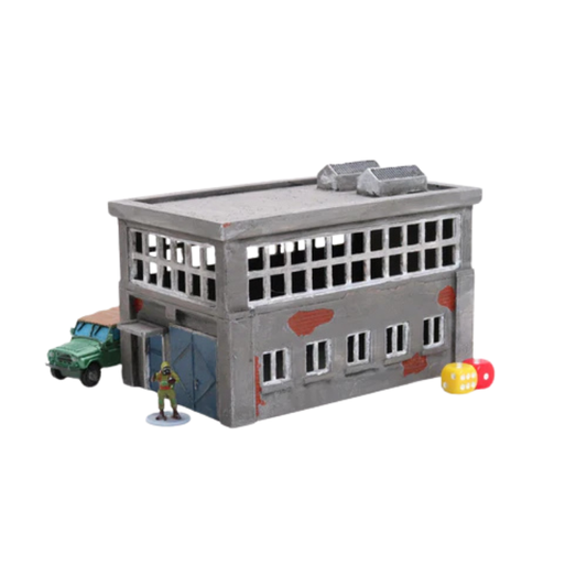 Industrial Building pomalowany z figurką i pojazdem UAZ, 2 poziomy, teren 28mm Patrick Miniatures
