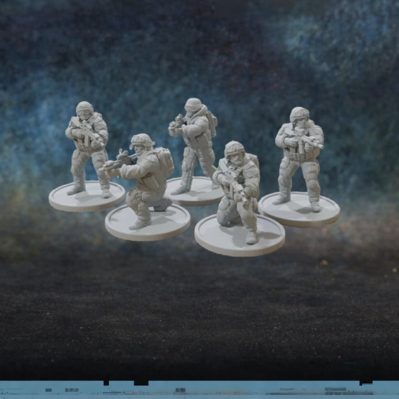 MARSOC Rifle Squad Patrick Miniatures TurnBase Miniatures – 5 figurek marines sił specjalnych MARSOC w pełnym rynsztunku z karabinkami M4 i optyka, druk 3D żywica 28mm widok z przodu
