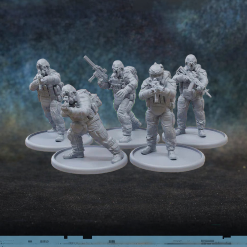 Apex Group PMC Grunts Patrick Miniatures TurnBase Miniatures – 5 figurek kontraktorów PMC w maskach gazowych i pełnym rynsztunku taktycznym z karabinkami i granatnikiem, druk 3D żywica 28mm widok z przodu
